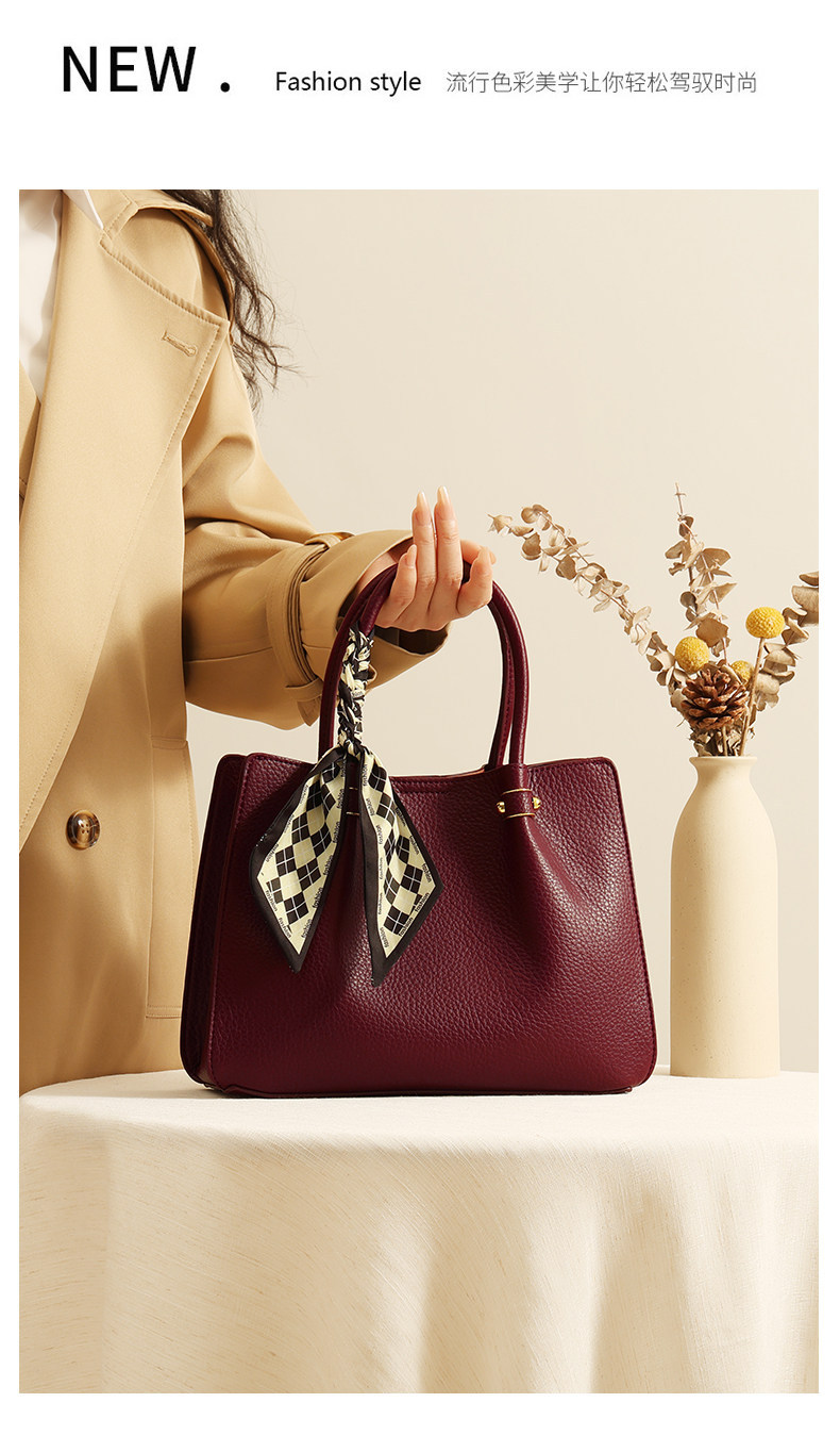 详情图04 Burgundy Pebbled Leather Tote Bag For Women - Image 1